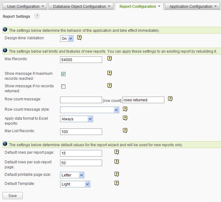 Page 96 Report Settings The Report Settings page allows the administrator to optimize report performance and appearance.
