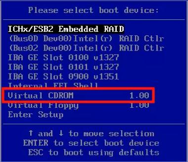 20 10 When the boot menu appears, scroll down to Virtual CDROM and press Enter. 11 The system begins to boot from the ISO image you selected earlier.