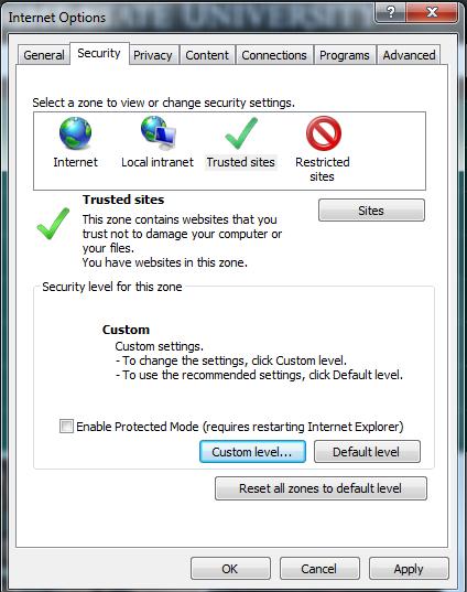 2) Security settings Tools > Internet