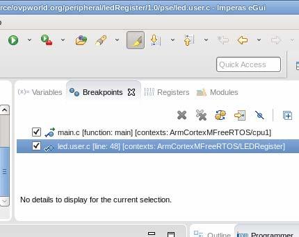 Breakpoints view we can see the new breakpoint listed, with the context set to the LEDRegister peripheral: 69 Examining context across