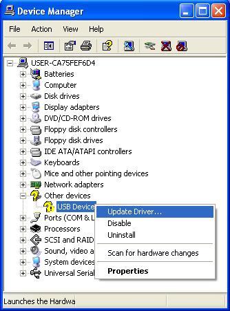 [ 3 ] Windows XP Follow the wizard and install the USB driver as shown below. From the Start menu, select Control Panel System Hardware Device Manager to open Device Manager as shown at left.