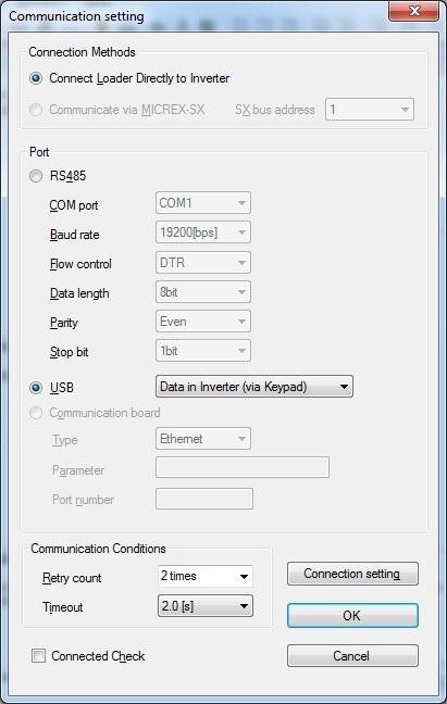 1.4.4. Communication Settings Click [COM.Setting.] icon in the left row in Simple Menu to display the screen which sets the methods to connect the software, targets to be connected and communication conditions.