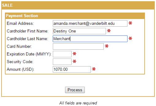 8. If you selected Pay by Credit Card, the Vanderbilt payment portal (Converge) will display. Complete the form and click Process. 9. Receipt page.