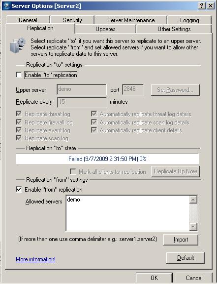 - Đối với server chính quản lý mở Remote administrator console vào tool chọn server Options chọn thẻ Replication chọn
