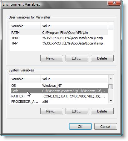 5. In the area System variables click on the item Path and then on Edit. The dialog box Edit System Variable is shown. 6.