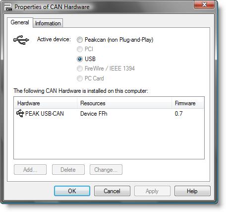 Figure 8: Dialog box for selection of the used CAN hardware (here: PCAN-USB interface) 3.