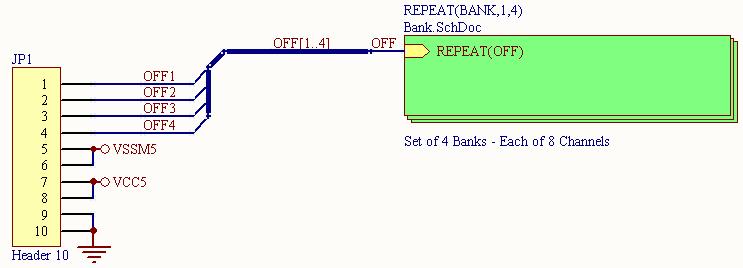 In the example above, this is shown by placing the bus name (not including the bus range, e.g. P) on the wire and the sheet entry including the Repeat keyword.
