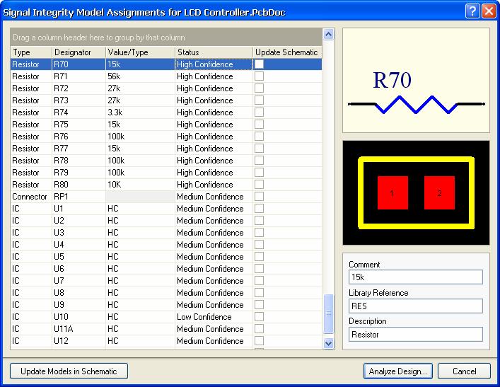 Signal Integrity tutorial When run, the Model Assignments dialog attempts to make educated guesses as to the necessary signal integrity model required for each component that does not contain a