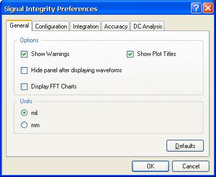 Signal Integrity tutorial 1. Click on the Menu button in the Signal Integrity panel and select Preferences to open the Signal Integrity Preferences dialog. 2.