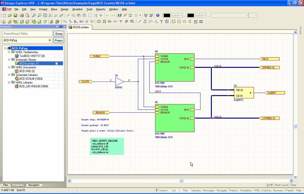 VHDL & schematic capture tutorial Create a VHDL top level schematic An FPGA project supports two types of source documents, schematic and VHDL.