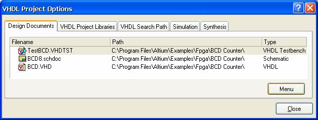 VHDL & schematic capture tutorial Setting up the project Now that we have the top level schematic and VHDL files added to the project, we need to set up the options for the project. 1.