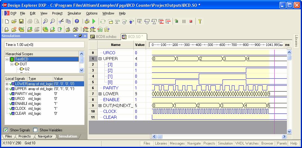 VHDL & schematic capture tutorial Debugging mode When in debugging mode, you can use various step-by-step simulation options from the VHDL menu, such as Custom step (Simulator» Custom Step), Step