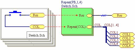 Multi-channel design concepts article components, one resistor and one switch, each on its own schematic page.