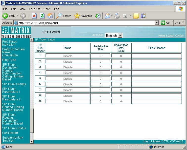 Through Web JEEVES: Open Web JEEVES of SETU VGFX and click on the 'SIP Trunk Status' link to check status of SIP Trunks.