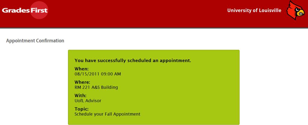 Once the student has scheduled their appointment, an appointment confirmation page will appear.