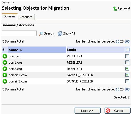 Performing Migration 53 Migrating Domains The Domains tab opens the following page: Figure 26: Plesk Migration Manager wizard: migrating domains This page shows the list of all domains existing on