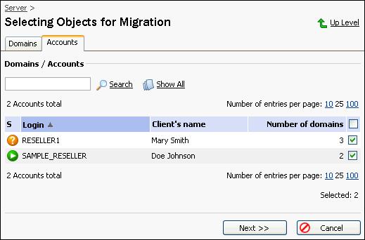 Performing Migration 54 Migrating User Accounts The Accounts tab opens the following page: Figure 27: Migration Manager wizard: selecting user accounts for migration This page shows the list of all