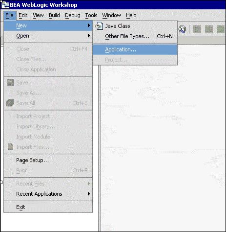 Using the WebLogic Workshop to Access VSAM a. From the File menu, select New, and then Application. b. In the upper-left pane, select all, and then select Empty Application. c.