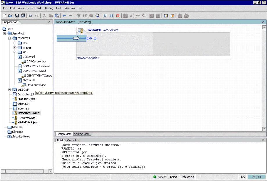 Using the WebLogic Workshop to Access VSAM 9. Click Create. The design view window opens.