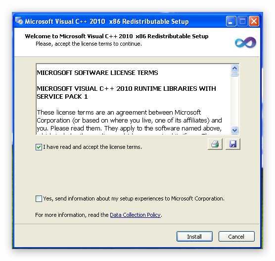 This is the first installation dialog window that will open. Read the license Microsoft Software License Terms.