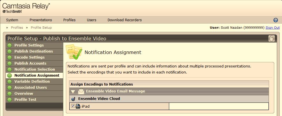 This will notify the users when their Camtasia presentation has been published to Ensemble Video.