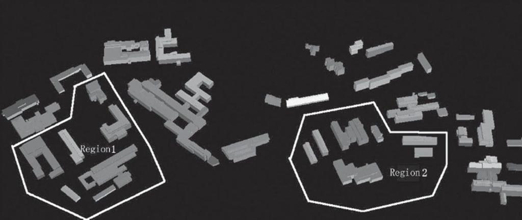 Figure 7. The experimental area (lidar points with different height values shown by different gray; aerial images shown by rectangles). Figure 8. The reconstructed 3D building models.