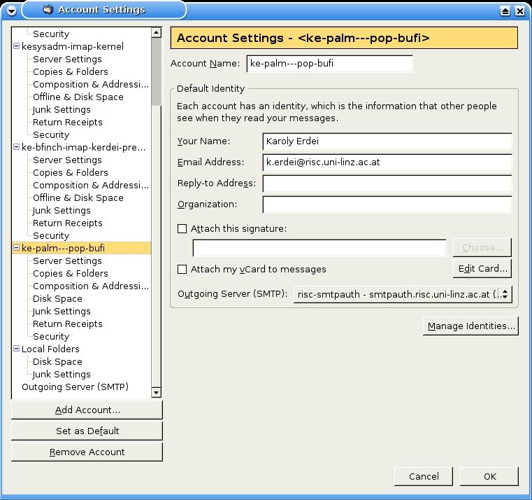 Settings for an email account Károly