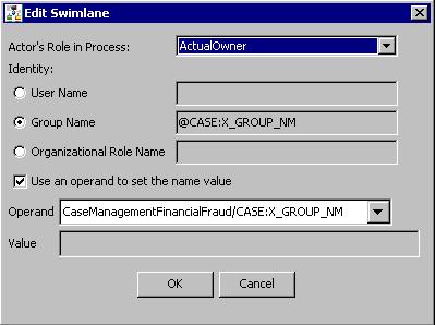 The following figure shows the Edit Swimlane dialog box in SAS Workflow Studio. Display 15.