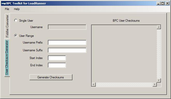 5.1.1 Creating a Checksum for a single user 1. After the BPC LoadRunner Toolkit has been launched, click on the User Checksum Generator tab. 2. Ensure that the Single User radio button is checked. 3.