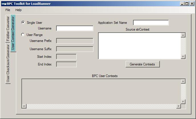 6.1 Creating User Contexts BPC user contexts are created with the User Context Generator component of the BPC Toolkit for LoadRunner. 6.1.1 Creating Contexts for a Single User 1.