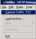 5. After you complete executing the process, stop capturing traffic in Fiddler by selecting File -> Capture Traffic. 6.