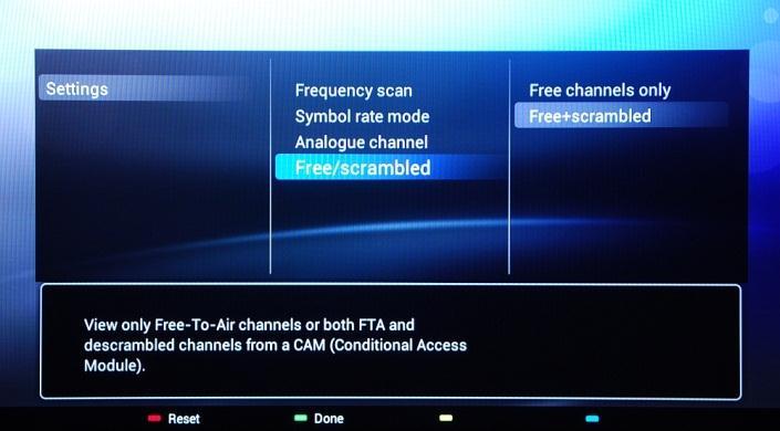[Free/scrambled] options are: [Free channels]: The TV will search only for free to air channels skipping the