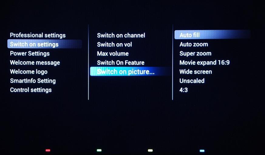 [Switch on picture format] This setting allows you to set a switch on picture format. [Power Settings] All settings from this submenu are related to power consumption and behavior during power cuts.