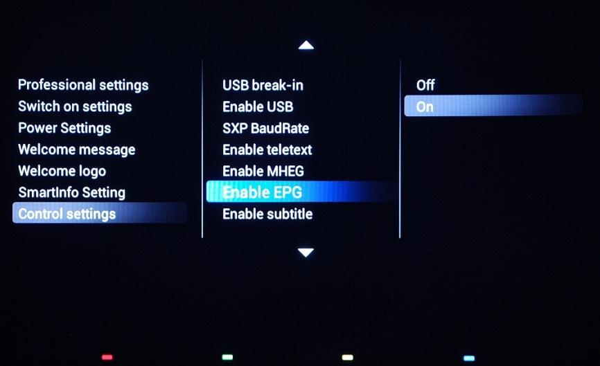 [Enable EPG] Enables or disables the use of EPG OSD on pressing EPG button: [Off]: No EPG services available [ON]: Enable
