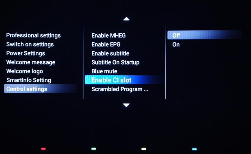 [Enable CI-slot] Enables or disables the use of the integrated CI/CI+ slot: [Off]: No pass through of the TV input signal via the CI Slot Card is possible; the use of CI Card slot is not possible.