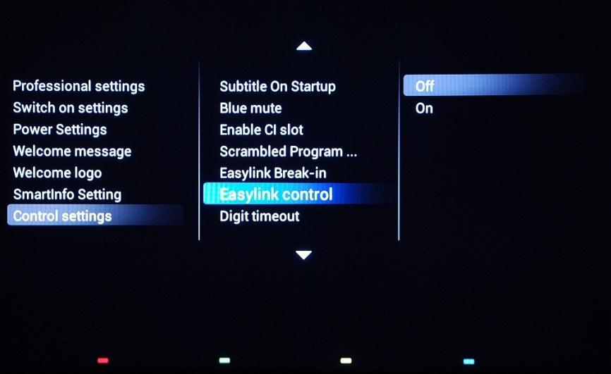 [ON]: The message will be displayed [OFF]: The message will be suppressed and will be no indication why the TV [Easylink Break-in] Enables or disables the HDMI-CEC standby feature in Professional