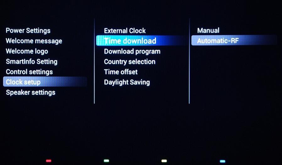 [Automatic-RF]: Clock time is retrieved from the Download Program channel. Note: If the power is disconnected the TV will lose the time set.