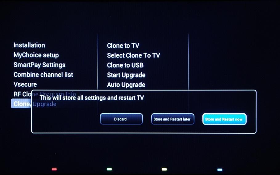 To store settings press HOME (MENU button). The following menu will be displayed: [Discard]: All changes in the Professional setup menu will be discarded and TV will return to TV channel.