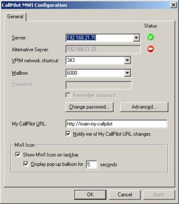 Using CallPilot Desktop Messaging for Internet clients Note: The first four boxes (Server, Alternative Server, VPIM network shortcut, and Mailbox) are for information only and they appear dimmed; if