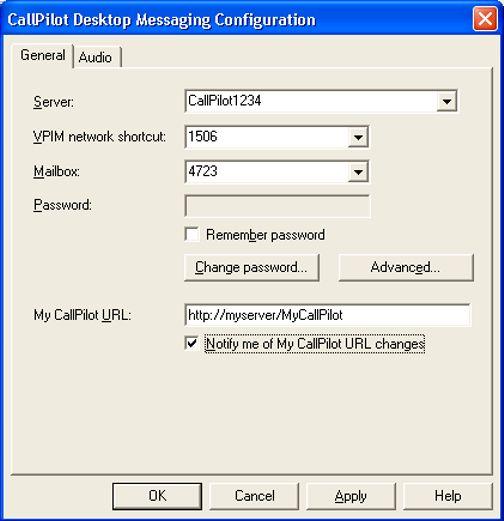 To change your CallPilot password 4. Make any changes required. For information about the fields on this tab, click the Help button. Note: To change the IMAP port or specify SSL, click Advanced. 5.