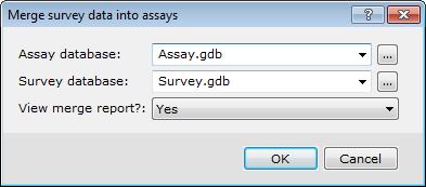 2. Select the Assay database and Survey database from the dropdown lists. 3. Choose Yes to View merge report? 4. Click OK. The system merges the two databases and checks for errors.