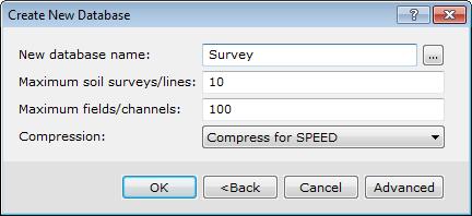 5. Type a name for the New database. 6. You can set the Maximum survey lines and Maximum fields/channels or leave the default values.