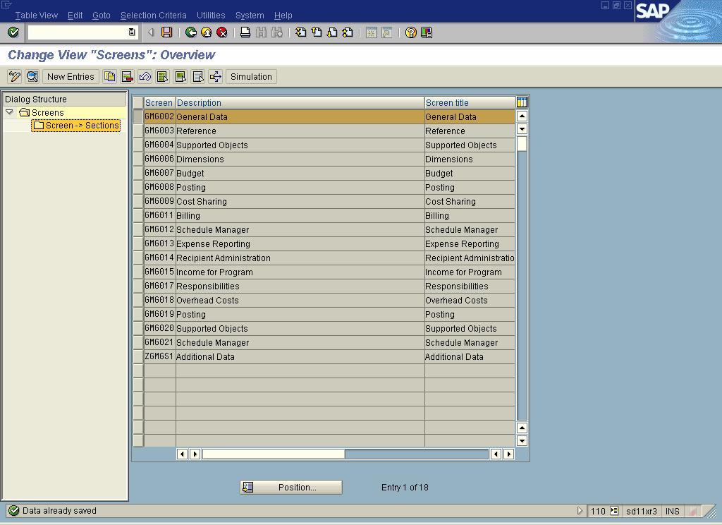 This will display the list of sections in General Data tab as shown
