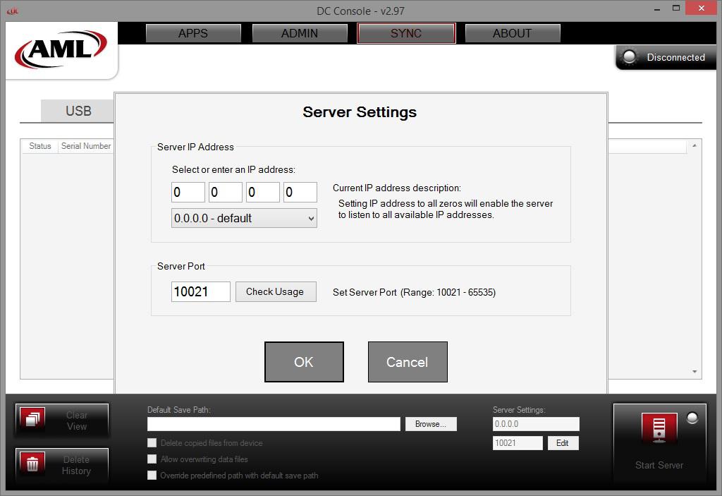 Application > Admin Tab > DC Uplink > Server Settings C) Description of IP address in the text boxes A) Server IP address