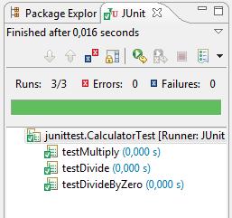 When our test class is ready, select it in the Package Explorer, right click on it (or on the name of the project) and choose the Run As/JUnit Test menu item.