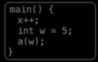 1; main() { x++; int w = 5; a(w);