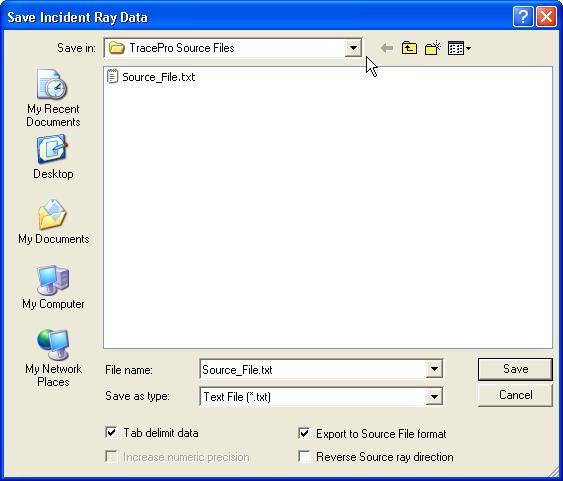 Saving the File Source Ray Information With the Incident Ray Table as the active window, select File SaveAs from the TracePro