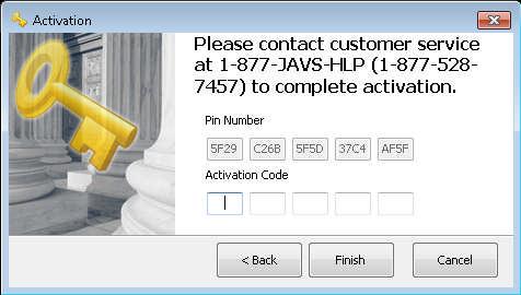 A contact screen will appear with the JAVS Help Desk phone number. Contact the JAVS help desk with the number provided, and give the Pin Number to the Help Desk technician.