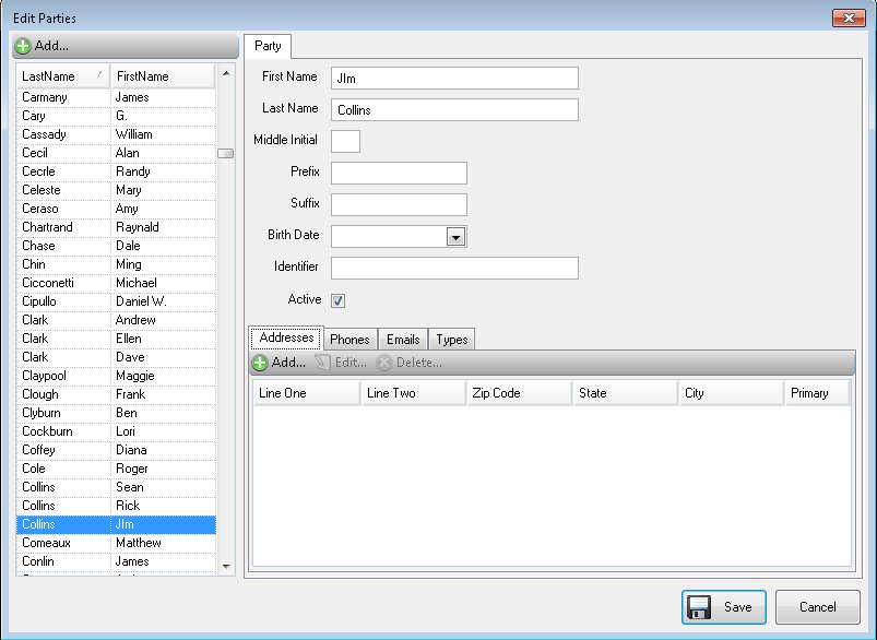 Edit Parties: (Edit>Edit Parties)The Edit Parties window will allow the user to add parties and edit all parties personal information as well as assign the party to one or more Party