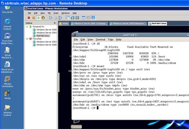 Figure 2 shows VMware Workstation hosting a Windows Server 2008 machine, a Windows Server 2003 machine and a Red Hat Fedora client.